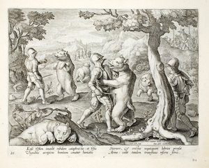 Mannen in zware wapenrusting vallen beren aan door ze in de vitale organen te steken, illustratie uit 